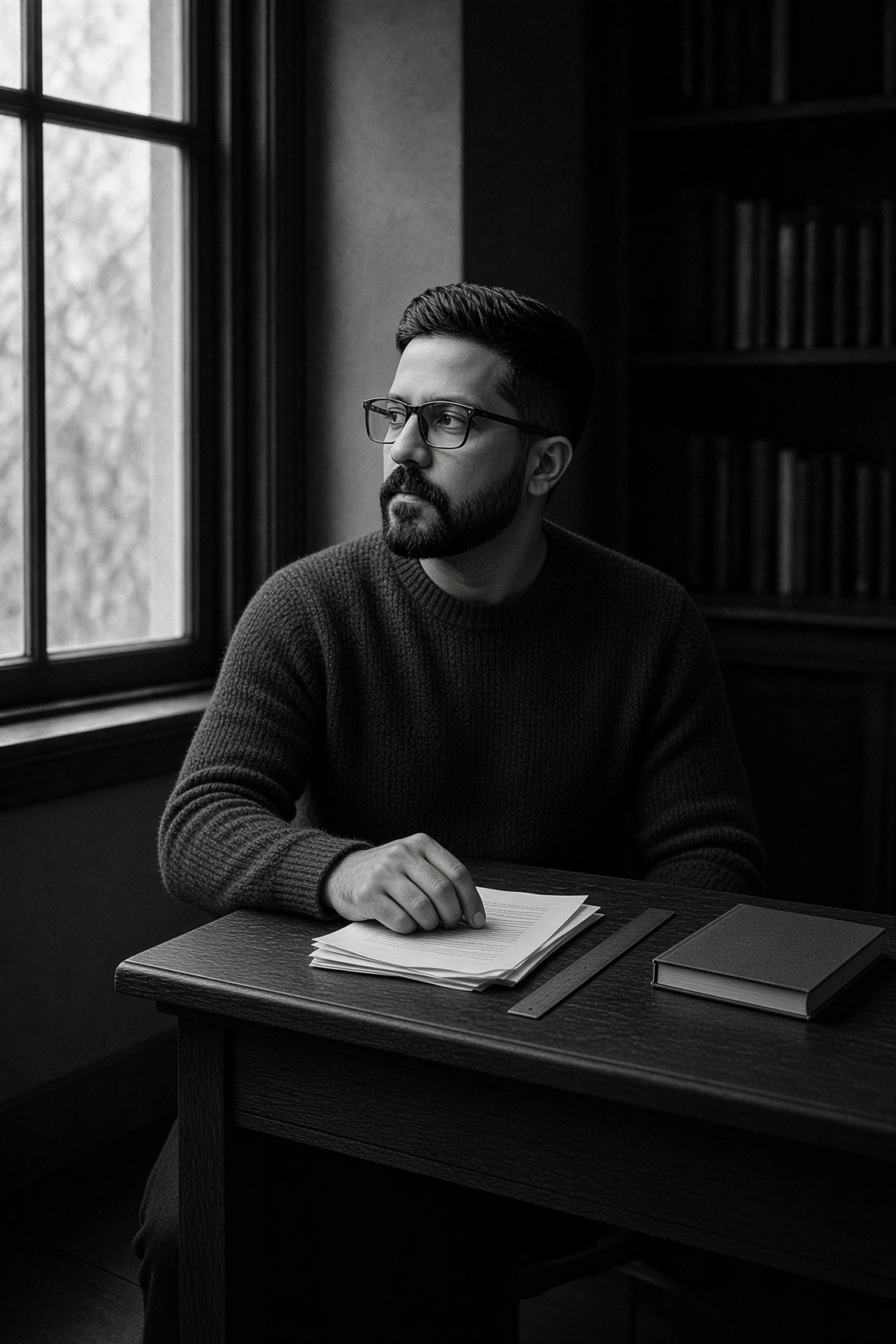Monochrome still of a desk beside a window. Portrait placeholder.